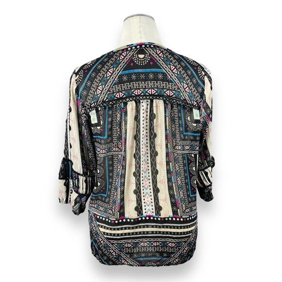 Democracy Sheer Black Blue Boho Print Chiffon Tassel Western Blouse 1X - Picture 3 of 11